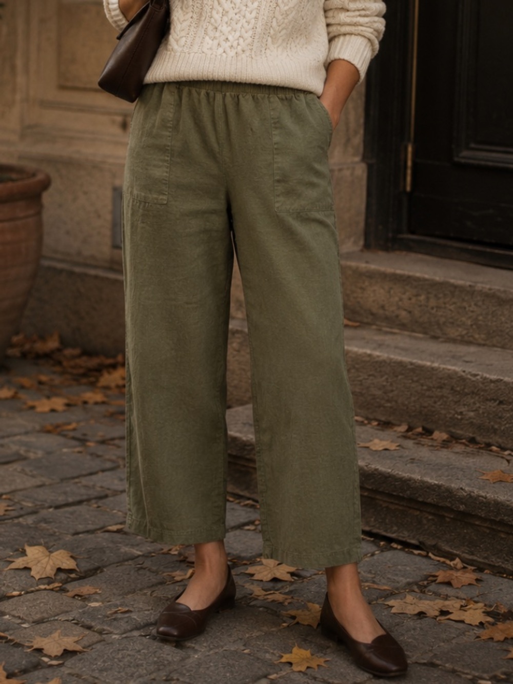 Felina Linen Cotton Olive Green Elastic-Waist Wide-Leg Cropped Pants XXL Coastal